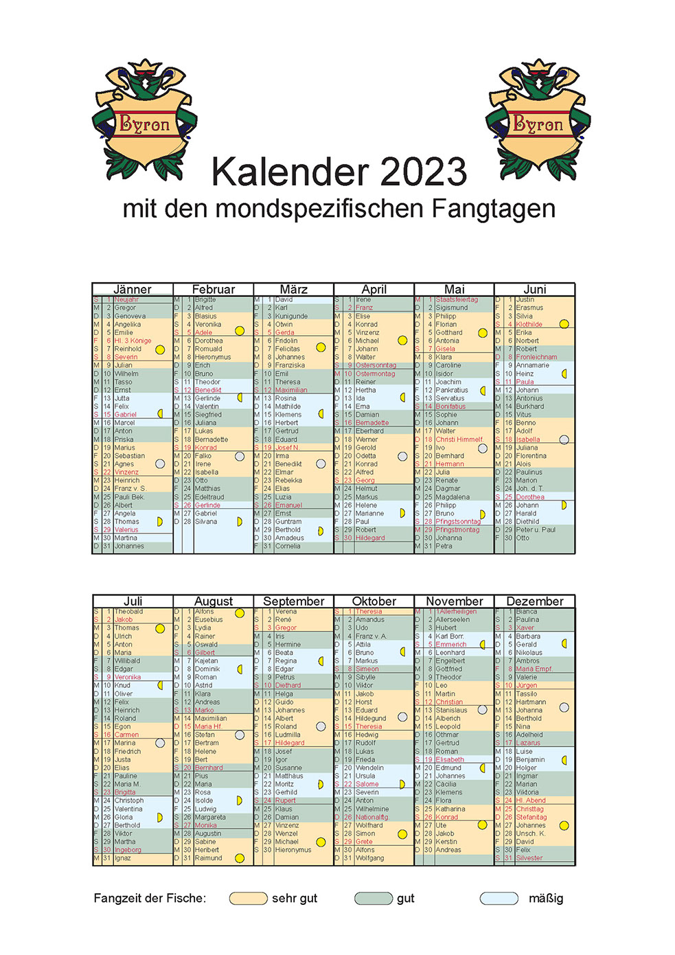 Kalender 2016 mit den mondspezifichen Fangtagen